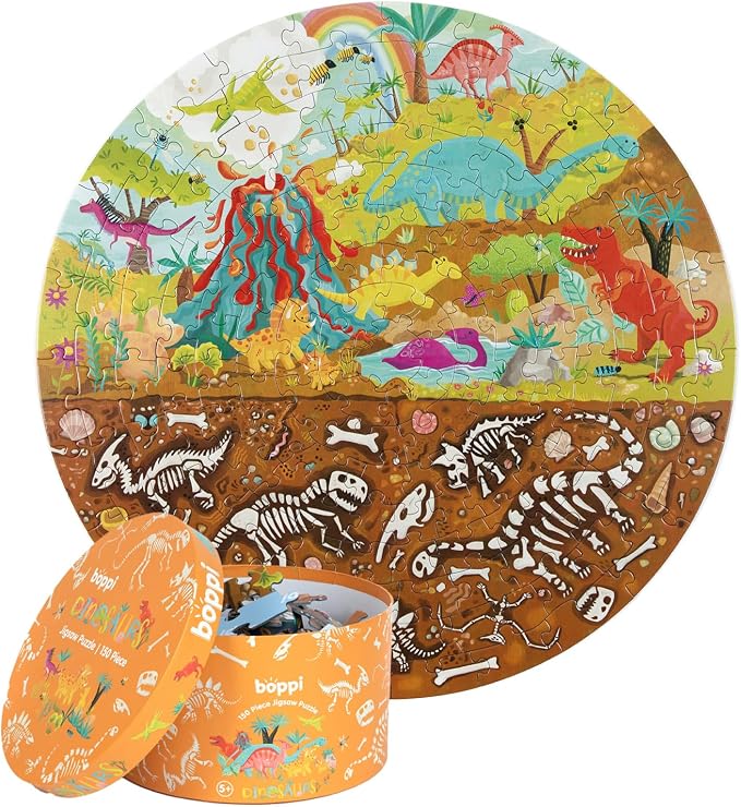 boppi Dinosaurs Round Jigsaw Puzzle with 100% Recycled Card T-rex Stegosaurus and Triceratops Fossils 150 Pieces for Children 5 6 7 8 Years 58cm Diameter