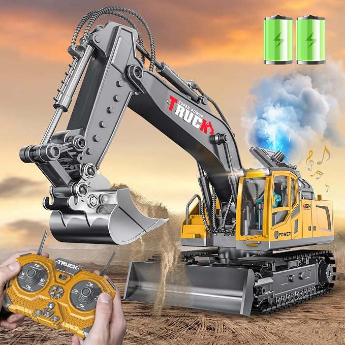 17CH Remote Control Excavator Construction Toy for Boys - 2400mAh RC Excavator Toy with Metal Shovel/Spray/Lights/Sounds, RC Digger Construction Vehicles Toys Excavator Toys Gift for Boys 8-12 Yr Old