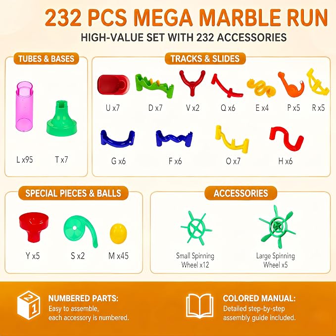 232 PCS Marble Run STEM Building Toys for 3+ Years, Creative Marbel Run with 45 Colourful Plastic Marbles, Educational Construction Track Set, Gift for 3 4 5 6-8-12 Year Olds Boys Girls