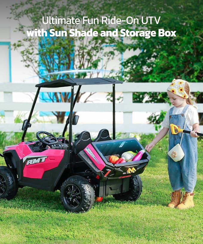 ELEMARA 24V Ride on Toy for Big Kid,Ride on Car 2 Seater w/Sun Shade,Dump Bed & Shovel,4.5MPH,4WD Electric Car for Kids,Battery Car w/Remote,Kids Ride on Truck,3 Speeds,LED Lights,Bluetooth, Hot Pink