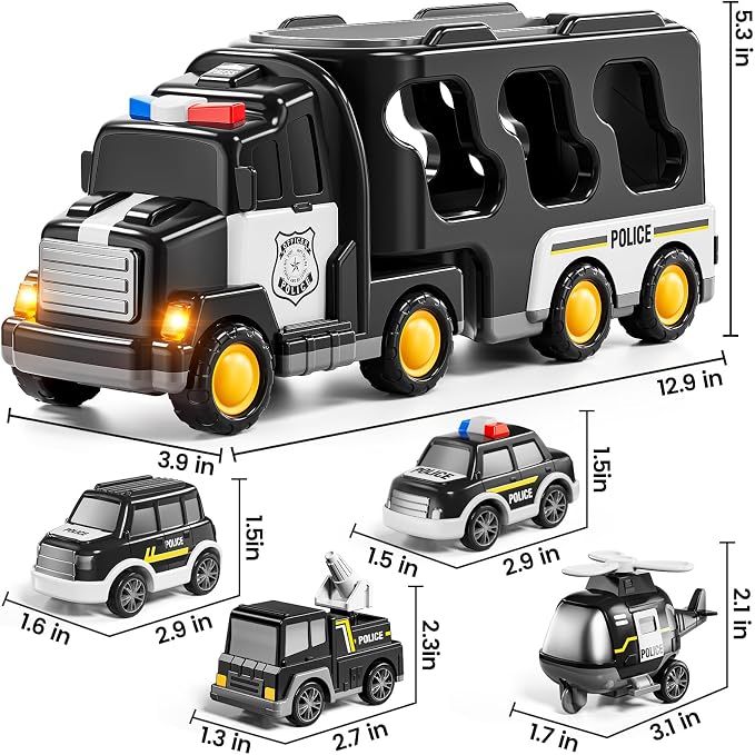 JUKUDAHU Police Truck Toy for 3 4 5 6 Years Old Boys - Carrier Vehicle Toy Set with 3 Small Cars and 1 Helicopter, Kids Firction Powered Car for Age 3-9, Gifts for Boys and Girls
