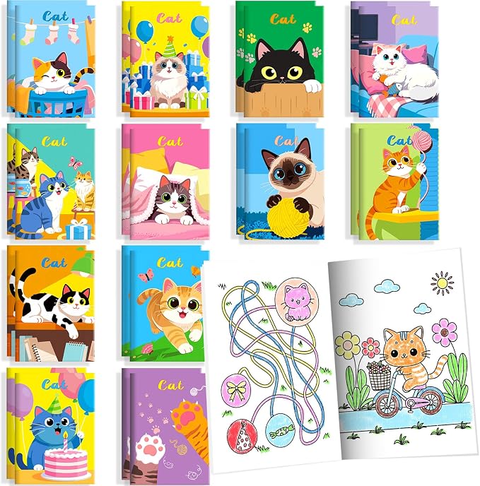 BenLouis 24 Pcs Cat Mini Coloring Books Kids Cute Kitten Small Activity Books Bulk for Girl Boys Kids Pet Birthday Themed Goodie Bags Stuffers Return Gifts Classroom Travel