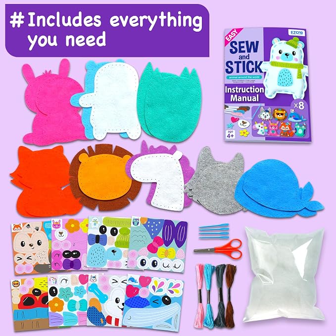EZCRA Unicorn Sewing Kit for Kids Ages 4-8 - Learn to Sew Craft Kit - 8-in-1 Beginner Sewing Projects for Girls - Gift for Kids with Full Instructions & Felt Stickers