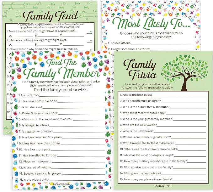 DISTINCTIVS Family Reunion Game Pack - Family Trivia, Most Likely to, Family Feud & Find the Family Member - 4 Game Set for 20 Guests