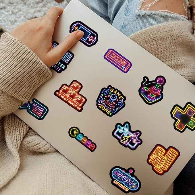 QTL Neon Video Game Stickers for Boys Teens, Game Party Supplies, Waterproof Vinyl Stickers for Water Bottle Laptop, 50 Pcs