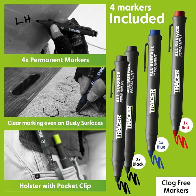 Tracer 8 Piece Construction Marker Kit - Deep Hole Carpenter Pencil Set, 2 Deep Hole Marking Pen, and Four Heavy Duty Clog-Free Markers, 2.8mm Replacement Leads & Storage Case for Woodworking Tools