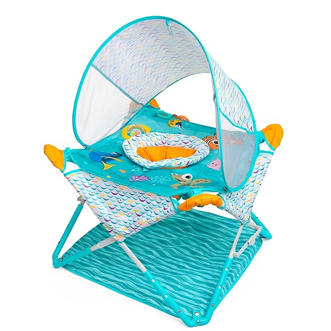 Bright Starts Disney Baby Finding Nemo Pop 'N Jump Portable Baby Jumper, Foldable Indoor/Outdoor Baby Jumper with Sensory Activities, Ages 6–12 Months