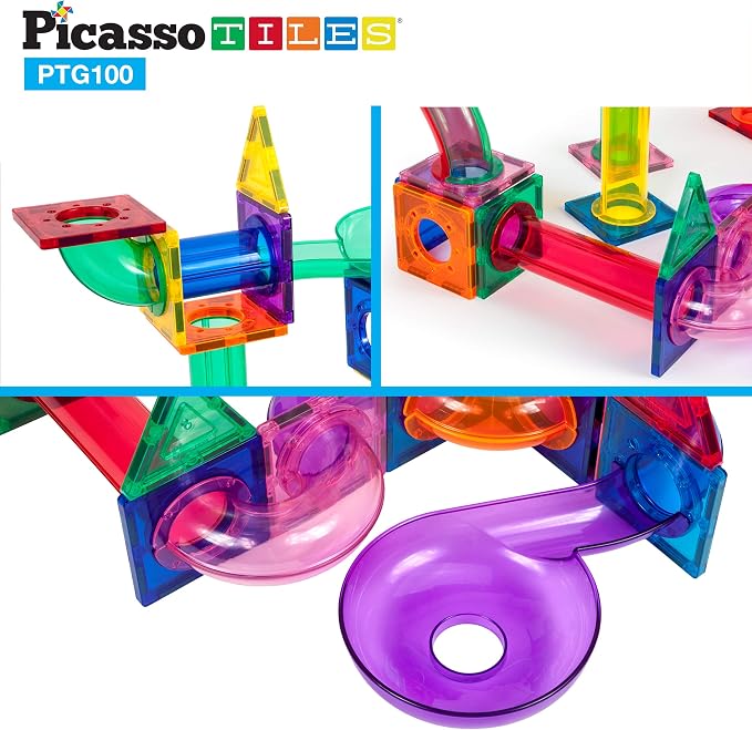 PicassoTiles 100PC Magnet Tiles + 100PC Marble Run Race Track Fun & Creative Playset Bundle, STEAM Learning & Educational Sensory Toy for Preschool & Kindergarten Kids Ages 3+, A Classroom Must Have
