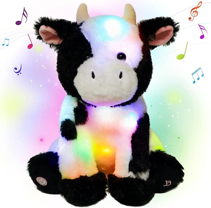 Light-up Singing Plush Cow LED Musical Stuffed Animal Adjustable Volume Lullaby Plushies Birthday Christmas Toy Gifts for Kids Toddler Girls, 13"