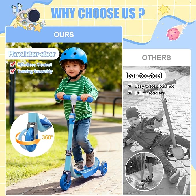 Kick Scooters for Kids 3-5 5-7 Years Age - Handlebars Safe-First Steer,Anti-Slip Deck,Height Adjustable Three Wheeled LED Lighted Up Toddler Scooter for Boy & Girl, Indoor Outdoor Kid Child Toy Gift