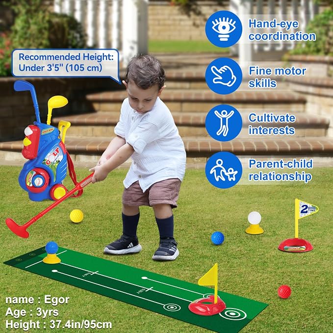 Toddler Golf Set for Boys Girls 2 3 4 Years Old, Kids Golf Clubs Set with Cart & Putting Mat, Outdoor Indoor Sports Toys Birthday Gift, Blue