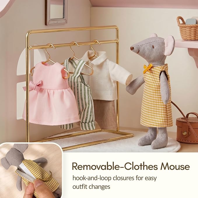 Giant bean Mouse Toys for Kids, 4 PCS Hand Made Mouse Family Dolls with Removable Clothes, Suitable for Infants, Boys and Girls, Dollhouse People