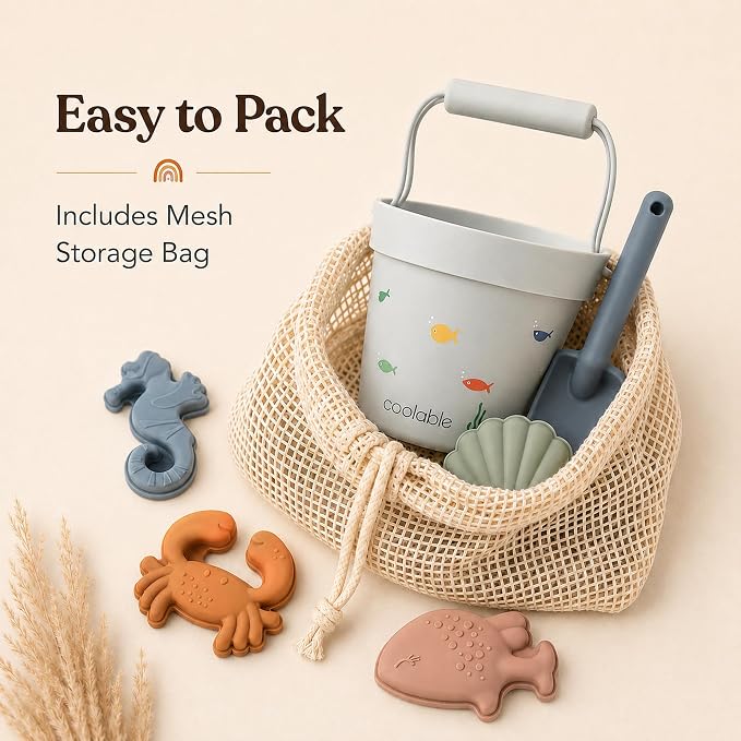 6-Piece Silicone Beach Toys Set for Kids - Foldable Sand Bucket, Shovel, 4 Sand Molds and Mesh Bag - Sea Creatures