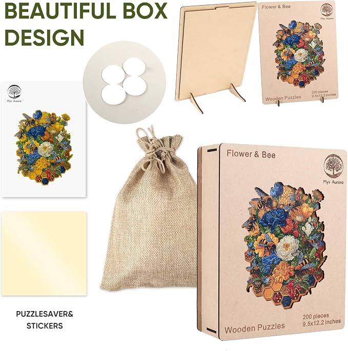 Mys Aurora Puzzles for Adults Flower and Bee Wooden Puzzles, 200 Pieces Unique Shaped Jigsaw Puzzles, Birthday for Mom Adults, Fun Challenge Family Game