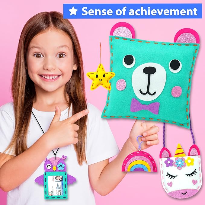 KRAFUN My First Sewing Kit for Beginner Kids Ages 6-12, 7 Easy DIY Projects of Stuffed Animal Dolls & Plush Pillow Craft, Pre-Punched Felt & Instructions, Gift for Girls Boys, Learn to Sew, Embroidery