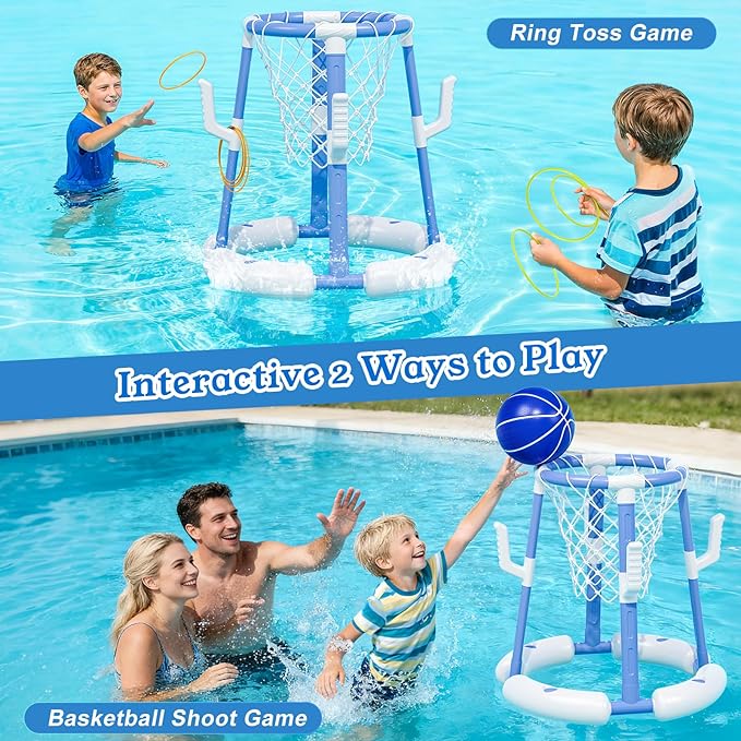 Pool Basketball Hoop&Ring Toss Game 2-in-1 Floating Pool Toy with 4 Balls 8 Rings&Pump,Outdoor Swimming Basketball Party Games Water Play Toy Anti-Tip Stable Base Summer Gift for Kid 4-8 8-12& Adult
