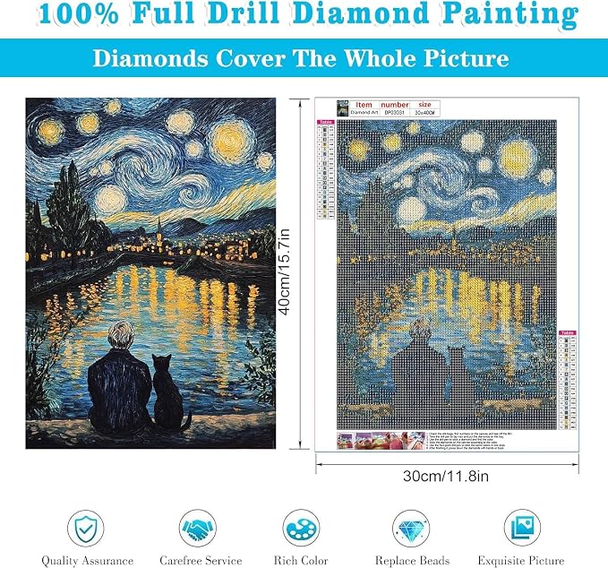 RYMILIE Cat Diamond Art Kits for Adults-Starry Night Diamond Painting Kits for Adults Beginners, 5D DIY Full Drill Round Rhinestone Gem Art Crafts Paintings for Home Wall Decor 12"x16"