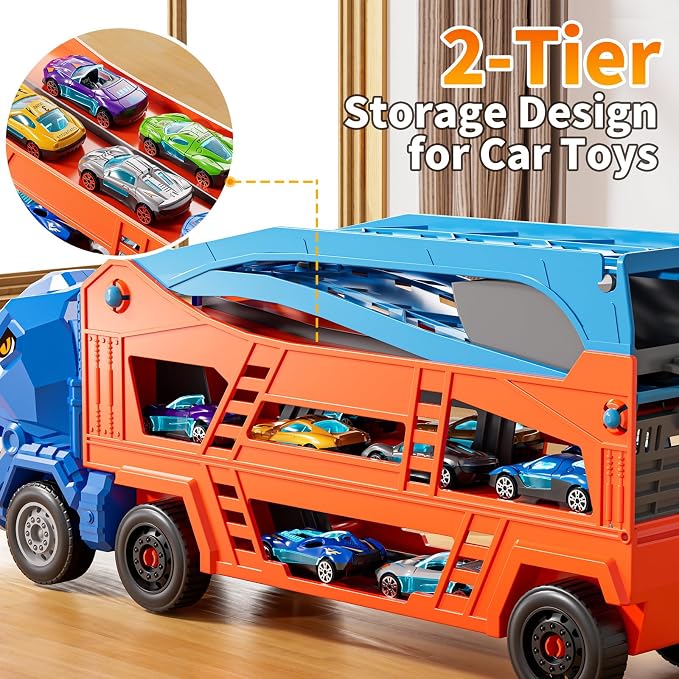 Race Track Truck Toys for 3 4 5 6 7 8 Years Old Boys, 2-Tier Storage Carrier Vehicle Playset with 12 Die-Cast Racing Car Toys, Car Ramps, Birthday Gifts for Toddlers Kids Girls Age 3-5 4-8