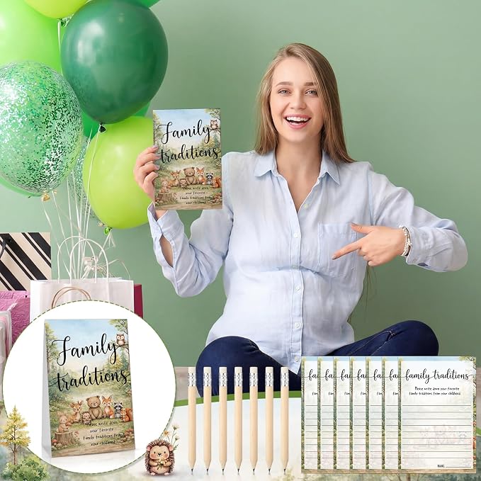 Fumete 61 Pieces Family Tradition Baby Shower Games Include 1 Family Traditions Standing Sign and 50 Activities Cards with 10 Pencils for Gender Reveal Bridal Shower Wedding(Green,Woodland)