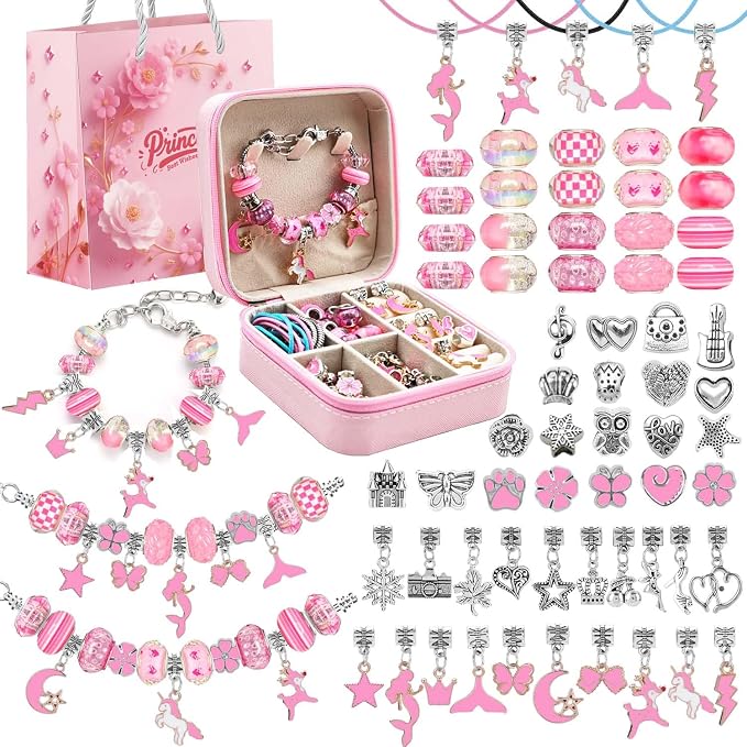 ONADEBY Charm Bracelet Making Kit - Pink DIY Jewelry Making Kit for Girls, Friendship Bracelet Kit with Portable Jewelry Box Bag Packing for Birthday Christmas New Years Mother's Day Craft Gifts