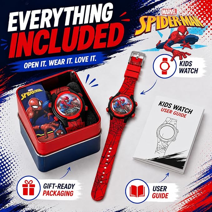 Marvel Spider-Man Kids Watches – Digital Display, Interactive Features, Adjustable Strap, Vibrant Spider-Man Graphics, Durable for Active Kids