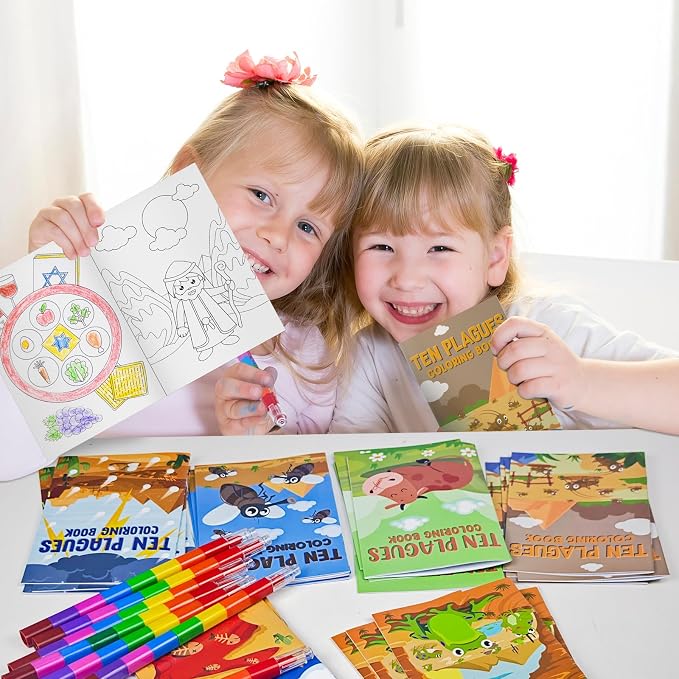 Cinrobiye 24 Set Passover Coloring Books Bulk Mini Ten Plagues Coloring Booklet with Stacking Crayons, Pesach Favors, Passover Arts and Crafts, Goodie Bag Stuffers, Seder Activity Pack
