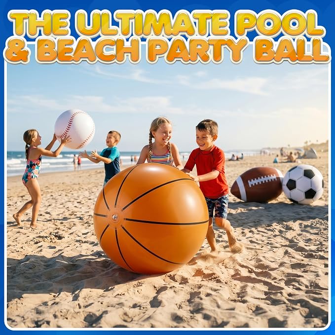 24-Inch Giant Beach Balls - (4-Pack) Extra Large Inflatable Sports Pool Ball Variety - Basketball Football Soccer Baseball - Oversized Beach Balls for Kids Summer Parties & Sports Theme Decorations