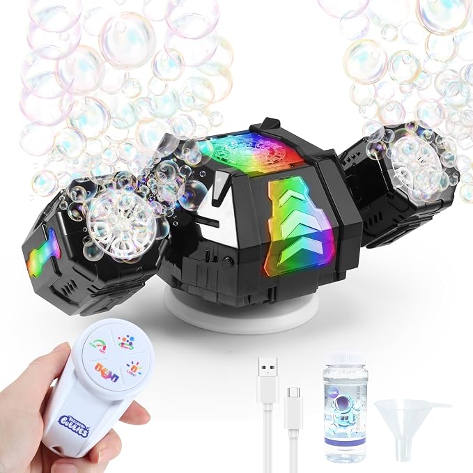 New RC Bubble Machine with RGB Lights, 360° Auto Rotation Bubbles Toy, Rechargeable Battery, Bubble Blower Maker for Kids, Parties, Birthday Gift, Weddings, Indoor Outdoor Activity, Black