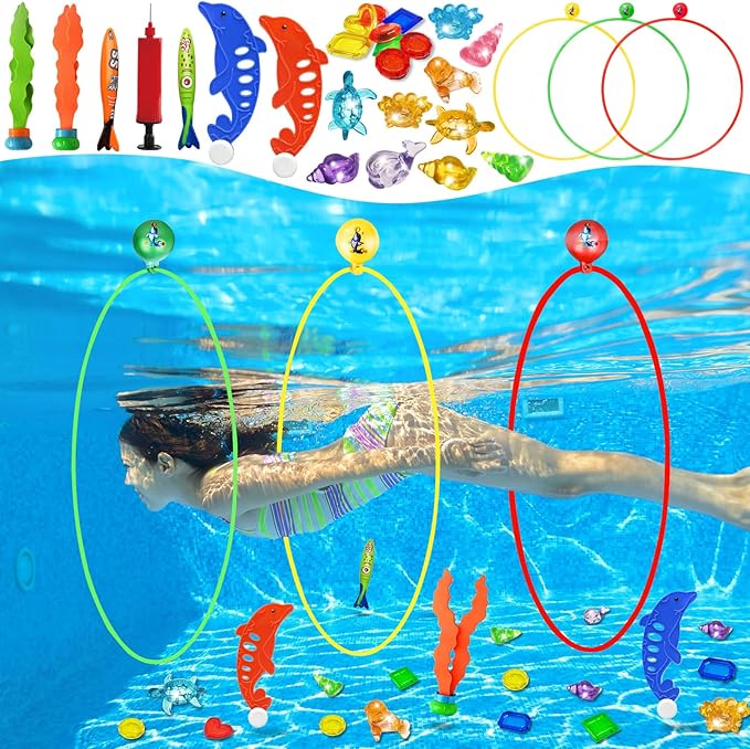 Jasonwell Pool Toys Diving Rings - 28PCS Swim Thru Rings Pool Game Diving Toys with Dive Ring Underwater Treasures Torpedo Bandits Fish Toy Fun Water Swimming Toys for Boys Girls Kids (Muticolor)