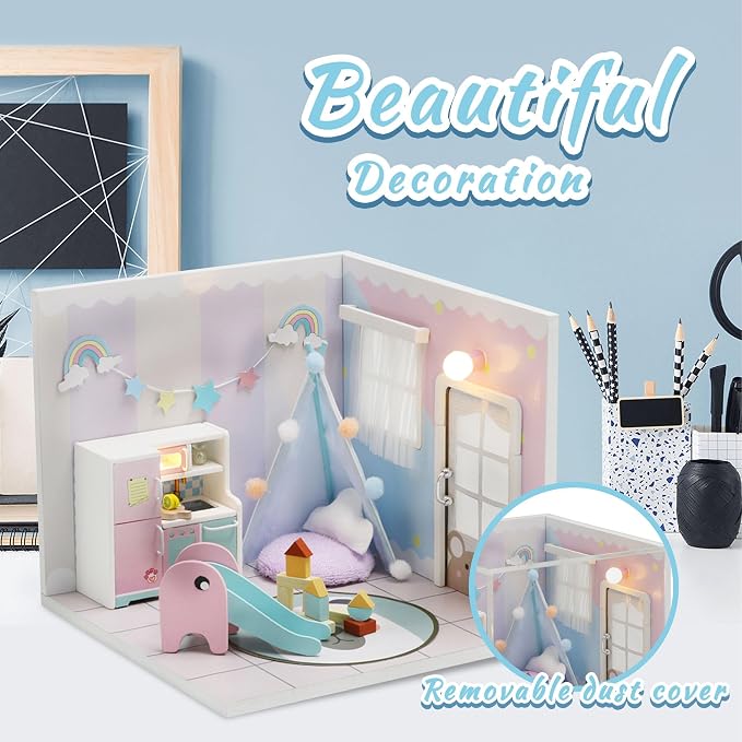 Kisoy Dollhouse Miniature with Furniture Kit, DIY 3D Wooden DIY House Kit A Corner of a Small Apartment Style with Dust Cover & LED,Handmade Tiny House Toys for Kids Adults Gift (Toy Room)
