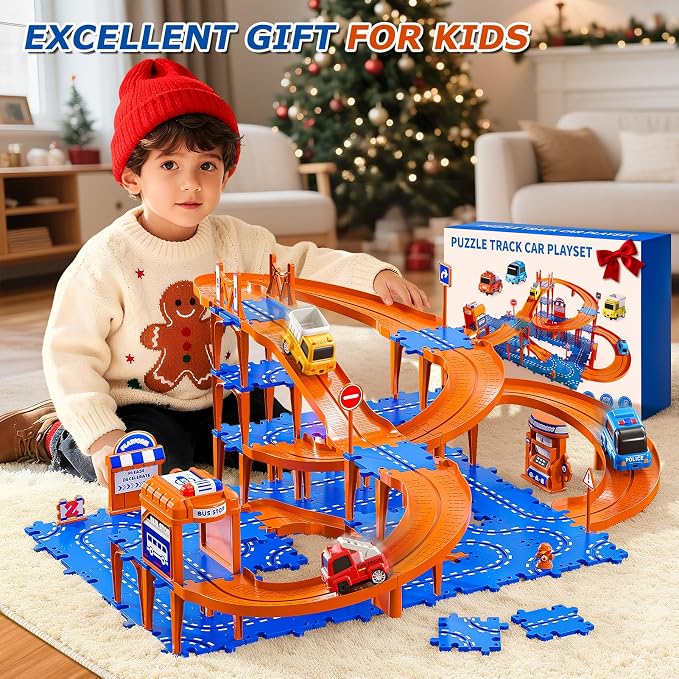 Toddler Toys for 3 4 5 6 Year Old Boys Kids Girls, 96 Pcs Puzzle Track Car Set for Kids Boys Toddlers 3-5 4-6, 4-Tier Puzzle Race Tracks Car Toys Set, Race Track Birthday for Toddlers