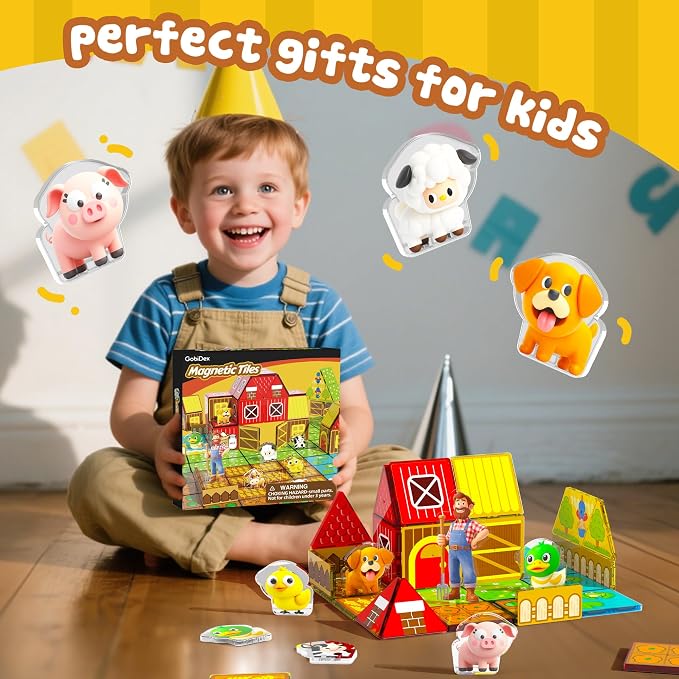 GobiDex Magnetic Tiles with Farm Animals Building Blocks, STEM Sensory Toys for Indoor, Outdoor, and Travel Play, Educational Magnet Toy Gift for Preschool Kids Ages 3-5, 4-8