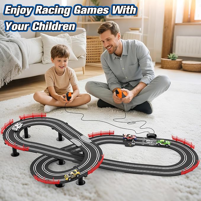 3-in-1 Slot Car Race Track Sets with 4 High-Speed Cars, Electric Track, Dual Racing Game with Lap Counter & 2 Controllers, and Circular Overpass Design – Toy Gift for Boys Kids Ages 4-6 6-8 8-12