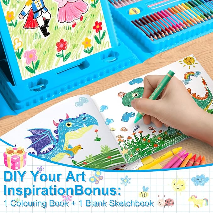 GOTIDEAL Kids Art Set,Art Supplies for Kids,210 PCS Art Kit with Double Sided Trifold Easel,Coloring Book, Crayons, Markers, Watercolor Pens, Arts & Crafts,Gift for 4-12 Year Old (Blue)