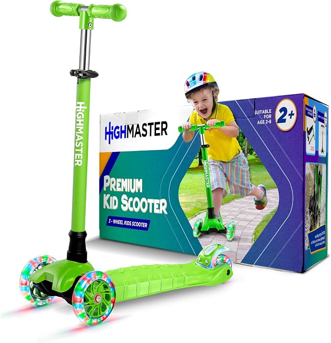 HighMaster Kids Scooter – 3 Wheel Kick Scooter for Children and Toddlers – Adjustable Handlebar with LED Wheel Lights – Indoor and Outdoor Fun