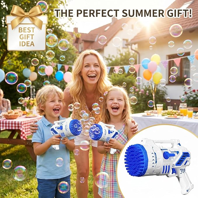 Bubble Gun for Kids, 69-Hole Bubble Blaster with LED Lights, Blue | 69-hole bubble machine gun for kids ages 4-8, with LED lights for summer, birthday, party and outdoor play.
