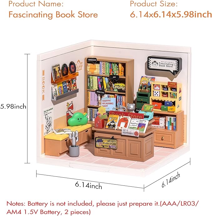 Rolife LED Building Blocks for Adults,1:24 Toy Building Sets,Model Building Kits for Kids Ages 8-12-15,DIY Miniature Dollhouse Kits for Adults,Hobbies for Women Men (3.Fascinating Book Store)