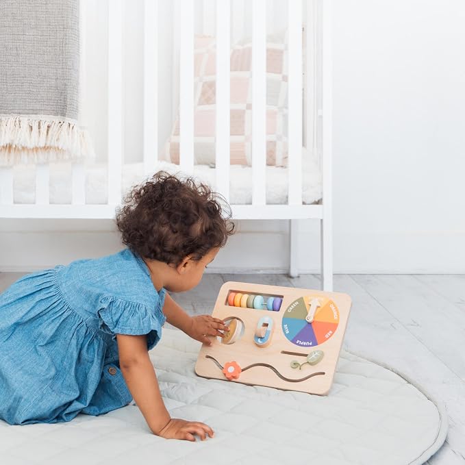 Pearhead Busy Board for Toddlers – FSC-Certified Wooden Montessori Sensory Travel Toy with Built-in Stand, Develops Fine Motor Skills & Color Recognition, Boys and Girls, 1 2 3 Year Old