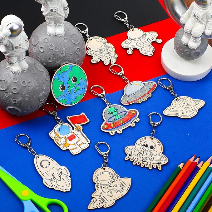 Trnayi 36 Pcs Outer Space Party Favors Unfinished Wooden Keychains Color Your Own Space Astronaut Star Planet Alien UFO DIY Wood Crafts Blank Wood Painting Crafts for Birthday Arts Gifts