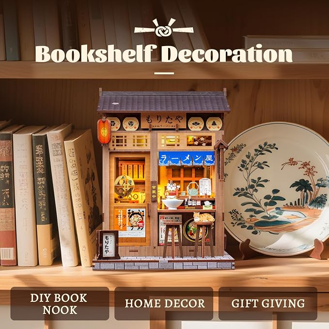 Fsolis Japanese Book Nook Kit - DIY Miniature House Kit (Morita-Ya Ramen) | 3D Wooden Puzzles for Adults Booknook Japan Noodle Shop Bookshelf Diorama Gifts for Women