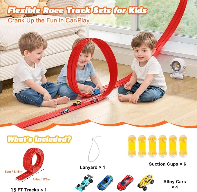 Flexible Race Track for Kids - 15 Ft Flex Track Race Car Tracks with Car Ramp Toy, Fit for Monster Truck Track & Kids' Play Cars, Race Tracks for Toddlers 1-3, Portable Racetrack (Red)