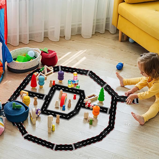 WNINK 2 Rolls Black and Red Roadway Tape Road Tape, Kids Race Car Stickers, Race Car Track Decorations, 2.4 Inch Wide, 2 X 33 FT Long, Easy Tear, No Residue for Kids Birthday Racing Party Decoration
