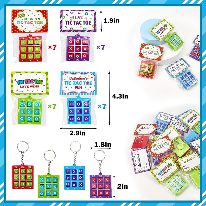 Valentines Day Cards Gifts for Kids School Classroom - 28 Pack, Valentine Exchange Card with Tic Tac Toe Game Keychain for Toddler Boys Girls, Party Favors Non Candy Treat Goodie Bag Stuffer Toy Prize