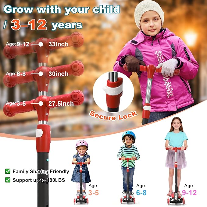3 Wheel Kids Kick Scooter for Ages 3-12, Lean-to-Steer, Light-Up Wheels, 3-Level Adjustable Handlebar 27.5”-33”, Wide Non-Slip Deck, Dual Rear Brake,Travel Foldable, for Boys & Girls Toy Gifts