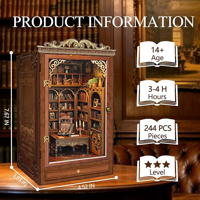 DIY Book Nook Kit for Adults and Teens,Retro Nostalgia Booknook DIY Miniature Dollhouse kit with LED Light,Mini 3D Wooden Jigsaw Bookend Decor,Gifts for Family Friends- Time Book House(SQ-47)