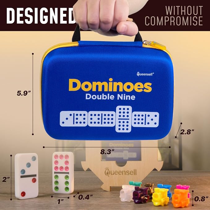 Queensell Double 9 Dominos Set for Adults and Kids with Colored Dots – Classic Dominoes Game Set with 55 Tiles, Wooden Hub, Trains and EVA Carrying Case