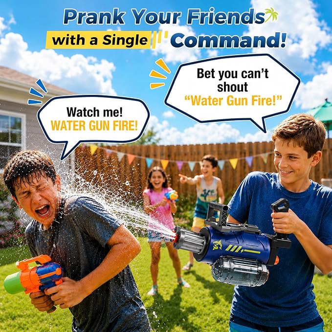 Electric Water Gun for Adults & Kids, Voice Control Automatic Water Guns, 26-30 FT Long Range Gatling Watergun with LED Lights, Squirt Water Guns Summer Outdoor Pool Toys for Boys Girls Ages 8-12+