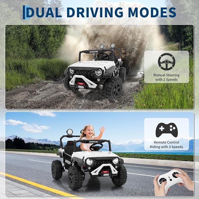 2 Seater Ride on Car for Kids, 24V Ride on Toy, Fast 4.97MPH Truck, 4WD Kids Electric Vehicles with Remote Control, Spring Suspension, Front & Behind LED Lights, Dual Storage, 3 Speeds, Music, White