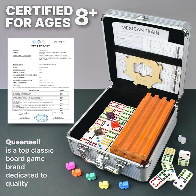 Queensell Mexican Train Dominoes Set with 8 Holders - Wooden Hub and Tiles Holders - Double 12 Tiles with Dots (D12 + 8 Holders)