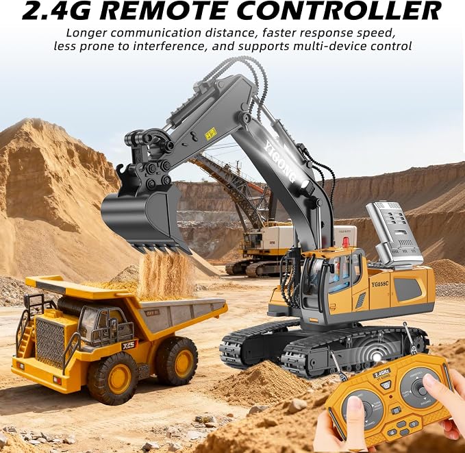 Remote Control Excavator Toy for Boys, 11-Channel Metal Construction Truck with Lights, 2 Batteries, 120-Min Playtime, RC Excavator Toys for Kids Ages 3-12, STEM Gift for Birthday